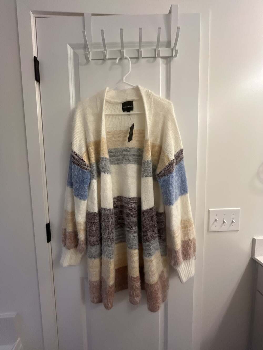 Buckle Black Multicolored Striped Eyelash Open Front Cardigan